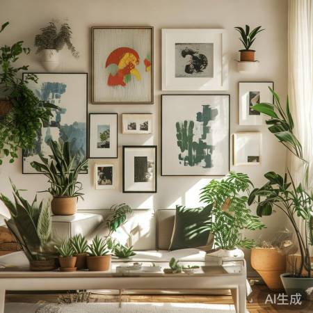 墙挂画作，绿植添生机。