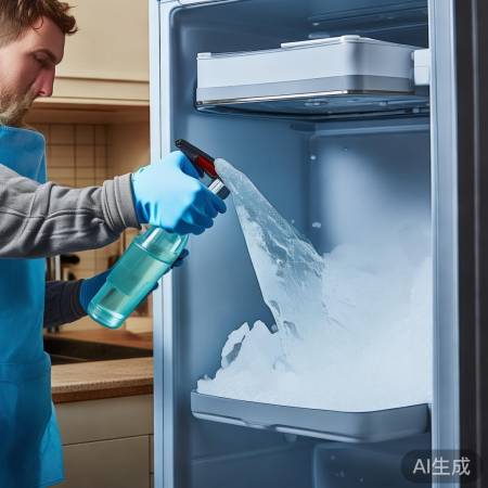 除冰剂溶解冰箱冰块，安全操作。