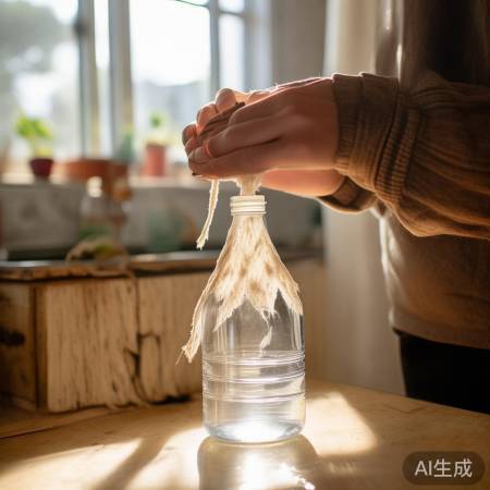 简易过滤网，旧布袋套瓶口。